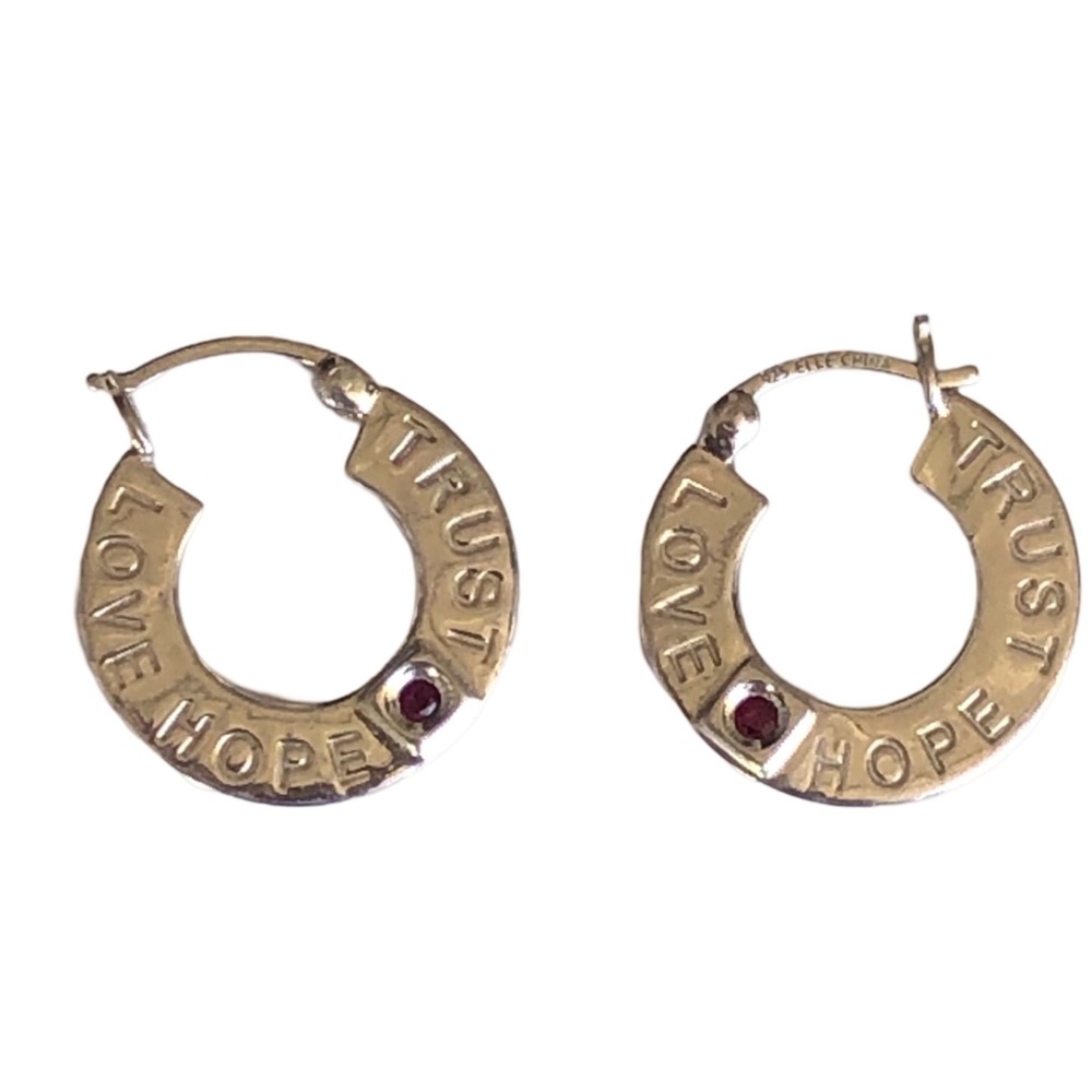 925 Stirling silver Elle love trust hope hoop red stone earrings
